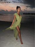 Solid Shirring Maxi Dress Women Summer Loose Cross Splitted Concise Sleeveless V-neck Vestidos Female Holiday Trend Robe-Outfit