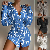Women's Lettern Print Mini Shirt Dress Spring Button Long Sleeve Dresses For Women 2023 Casual Office Slim Vestidos White-Outfit
