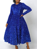 New Women's Round-Necked Long-Sleeved Solid-Colored Bright-Waisted High-Rise Dress Dress