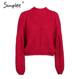 Winter lantern sleeve knitted sweater pullover Women loose round neck red sweater Female autumn casual sweater