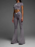 Yoga Basic Solid Pants Set Women Sporty Activewear Slim 2 Piece Sets Short Sleeve Cropped T Shirt High Waist Flare Pants-Outfit