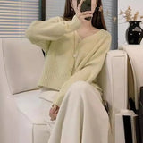 New Soft Breeze Loose Simple College Sweater Short Style Solid Color Soft Waxy V-Neck Knitted Cardigan Girl-Outfit
