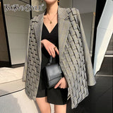 Casual Plaid Blazer For Women Notched Long Sleeve Korean Ruched Loose Blazers Female Fashion New Clothing