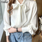 Elegant White Shirt Woman Satin Chiffon Blue Blouse Women Clothing Long Sleeve Loose Blouses Bow Office Lady Tops