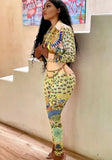 Print Retro Elegant Blouse and Pants Two Piece Set 703-0-Outfit