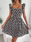 Print Square Neck Ruffle Shoulder