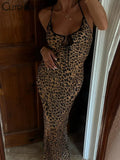 Women's Leopard Printed Maxi Dress Elegant Spaghetti Strap Backless Lace-up Robe Skinny Retro Dresses Vestidos New 2023-Outfit