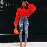 Neon Fringe Female Crop Oversized Sweater Knitted Pullover Fashion Clothes Women Winter Tops Tassel Jumper