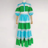 Loose Cut Out Two Piece Set Women Stand Collar Puff Sleeve Tops High Waist Midi Skirts Female Colorblock Sets