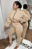 Puff Sleeve Zipped Crop Top and Matching Pants 2PC