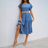 Fashion Casual Pure Color Simple Round Neck Short Sleeve Long Dress Woman Without
