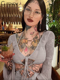 Women's Mesh Two Piece Set Sexy Long Sleeve Lace-up Outer Wear Top+Halter Skinny Hollow Out Lady Dress Suit New Outfit-Outfit