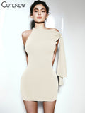 Incline Should Dress Women Classic Solid Ribbons Asymmetrical Sleeveless Sheath Vestidos Basic Concise Street Party Robe-Outfit