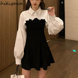 Women Clothing Sets Lantern Sleeve Short Loose Shirts with Black Solid 2023 Korean Fashion Women's Dress Two Piece Suit-Outfit