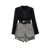Korean Patchwork Plaid Two Piece Set For Women Lapel Long Sleeve Sashes Blazer Wide Leg Shorts Casual Sets