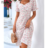 Floral Print Midi Dress Women Casual Lace Stitching V Neck Puff Sleeve Beach Dress Fashion White New In Dresses