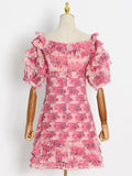 High Street Patchwork Ruffle Trim Dress For Women Square Collar Short Sleeve Gathered Waist Mini Dresses Female