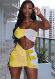 Sexy Sleeveless Crop Top Color Blocking GatheringTwo Piece Skirt