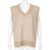 Plaid V Neck Vintage Sweater Vest Casual Elegant Sleeveless Jumpers Pullover Autumn Knitted Top Winter High