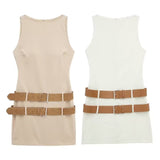 Spring Double Belt Decorated Tight Sleeveless Mini Dress 3152310-Outfit