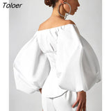 Sexy Slim Off Shoulder Women Shirt Blouses Lantern Sleeve Tunic Female Top Laides Shirt Pleated Elegant White Blouse