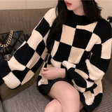Clothing Plaid Knitted Jumpers Korean Patchwork Loose Autumn Winter Commute Long Sleeve Casual Round Neck Midi
