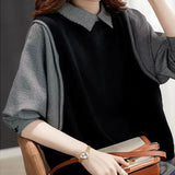 Two Pieces Plaid Pullovers Female Clothing Korean Lapel Casual Spring Autumn Commute Knitted Patchwork Loose