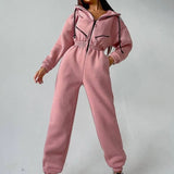 Women Basic Hoodie Jumpsuit Zipper Drawstring Overall High Waist Elasticity Streetwear Tracksuit Rompers Casual One Piece