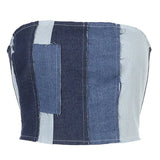 Sexy Chest Tank Top Women Off Shoulder Hollow Out Back Lace Up Denim Vest Patchwork Activity Club Clothes New