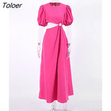 Pink Hollow Out Dresses For Women Robe Chic Summer O-Neck Puff Sleeve Midi Dress A-Line Single Breasted Elegant Dress