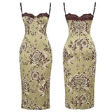 Women's Summer Vintage Floral Print Lace Trim Spaghetti Strap Sleeveless Fashion Backless Midi Sling Bodycon Dress-Outfit