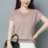 Summer Women's Pullover Round Neck Hollow Solid Short Sleeve Tee T-shirt Fashion Casual Elegant Holiday Office Lady Tops-Outfit
