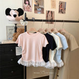 Lace Spliced Under Hem Short Sleeve Lace T-Shirt Summer New Slim White Collar Showing Thin Bottom