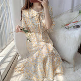 Women Elegant Ins Print Summer Chiffon Preppy Style Sweet Peter Pan Collar Lace-up Lightweight Soft Female Party