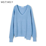 WOTWOY V-neck Knitted Oversized Sweaters Women Autumn Winter Long Sleeve Basic Sweater Women White Casual Loose Pullovers