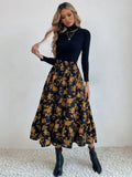 Printed Modest High Waist Elastic Waist Print Midi A-Line