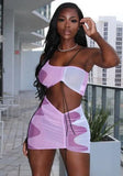Sexy Sleeveless Crop Top Color Blocking GatheringTwo Piece Skirt