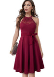 Vintage Halter Sleeveless Solid Lace Bow A-line Midi