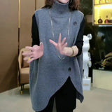 Basic Solid Color Sweater Vest Women's Clothing Casual Turtleneck 2023 Autumn Winter Fashion Asymmetrical Knitted Jumpers-Outfit