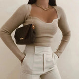 new women knitting sweaters Top long-arm heart-neck Casual fashion Mrs Slim-fit Tight knitted sweater sweater tops-Outfit