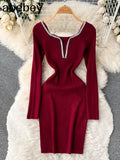 Slim Bodycon Knitted Dress Temperamant Long Sleeve bodycon Sweater Dress Square Collar Women Winter Short