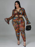 Print Party Sexy Knotted Crop Top and Pants Plus Size Two Piece