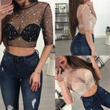 Women Sexy Mesh Sheer Transparent T-shirt Crop Top Short Sleeve Sequined Sparky Bling Bling Clubwear T-shirt Short Tops Hot Sale-Outfit