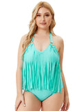 Bikini V-Neck Solid Tassel Plus Size One Piece