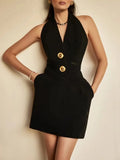 Spring New Short-Sized And Hip Dress Femininity Sleeveless Hanging Neck Deep V Neck Open Back To