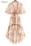 Sau beauty New Boho Floral Print Swing Dress Women Holiday Style Fashion Irregular Dresses Female Vestido De
