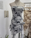 Shot Tie Net Yarn Printing Irregular Ribbon Three-Dimensional Flowers Small Man With Chest Short Skirt Dress Dress