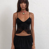 Women's Y2K Vintage Floral Lace See-through Split Crop Camis Sleeveless Spaghetti Strap Wrap Hem Camisole Tank Tops-Outfit