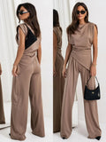 Faitry Face Solid-Colored Collared Folded Fork Vest Top Broad Leg Trousers Set