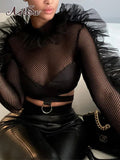 Mesh Solid Long Sleeves Hollow Out Patchwork See Through Crop Top T Shirt Summer Women Sexy Evening Party
